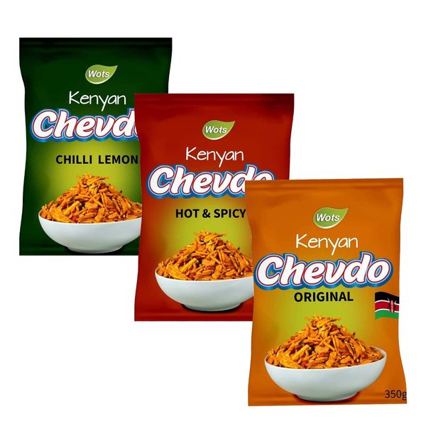 Bharti Ben Wots Kenyan Chevdo Chevda Snack Mix Trio (Original, Hot & Spicy and Chilli Lemon)