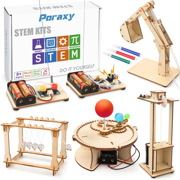 Poraxy 5 Set STEM Science Kits for Kids Age 5-7 8-12, Wooden Building STEM Projects, 3D Puzzles, Experiment Crafts Model, Toys for Ages 8-13, Gifts for Boys and Girls 6 7 8 9 10 11 12 13 Years Old