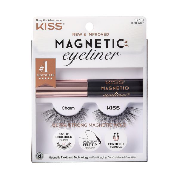 KISS Magnetic Lash Collection Eyeliner & Lash Kit 1 Pair of False Eyelashes and Magnetic Eyeliner, Charm, Reusable Synthetic False Eyelashes With 5 Double Strength Magnets