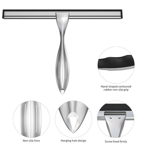 Shower Squeegee for Glass Door 12-Inch Stainless Steel Bathroom Squeegee Window Wiper, Includes Shower Door Hook, Adhesive Hook, and Spare Silicone Blade for Window Mirror Car All-Purpose Squeegee