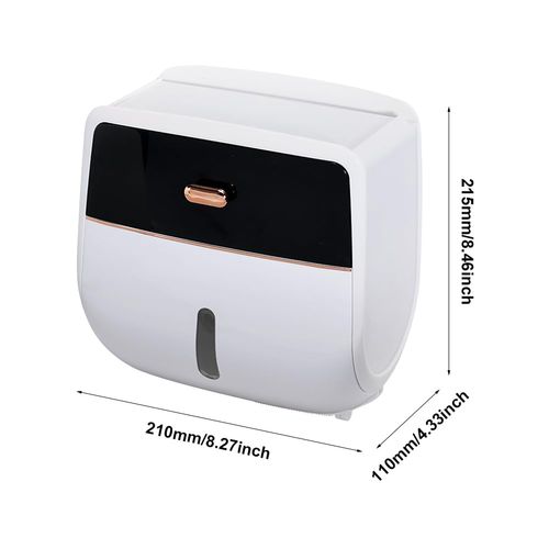 Toilet Paper Holder Wall Mount, Self Adhesive Paper Towels Holder with Drawer and Shelf Watertight Tissue Dispenser Semi-Auto Switch Toilet Tissue Roll Holders for Bathroom(Black)