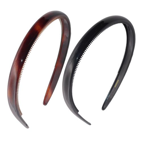 Parcelona French Reg Tortoise Shell Brown and Black 1/2" Wide Celluloid Made in France Set of 2 Hair Headbands with Inner Teeth Nibs for Women and Girls