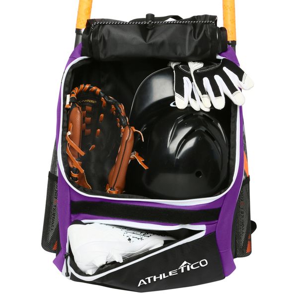 Athletico Baseball Bat Bag - Backpack for Baseball, T-Ball & Softball Equipment & Gear for Youth and Adults | Holds Bat, Helmet, Glove, & Shoes |Shoe Compartment & Fence Hook (Purple)