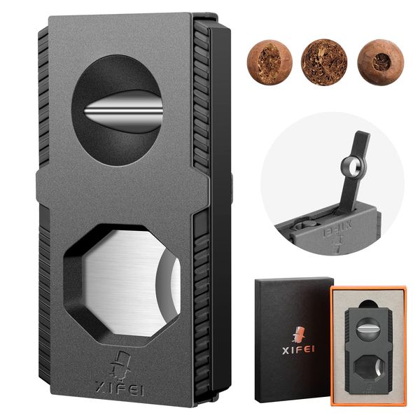 XIFEI Cigar Cutter V-Cut Guillotine 3 in 1 Straight Cut V Cutter with Cigar Punch Stainless Steel Blade Ergonomic Design Secure-Lock Cigar Clipper,Cuts Up to 60 Ring Gauge Cigars (Black)