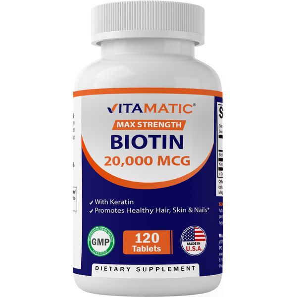 2 pack Vitamatic High Potency Biotin 20000 mcg (20mg) with Keratin 100mg 120 Veg