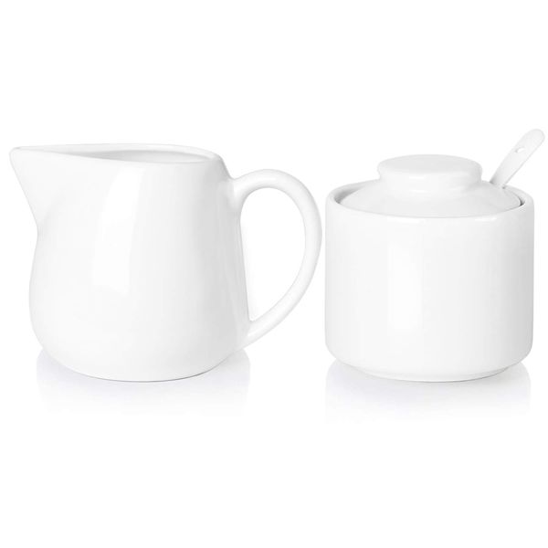 ONTUBE Porcelain Sugar and Creamer Set of 3,Cream Pitcher, Spoon, Sugar Bowl with Lid,Cream (White)