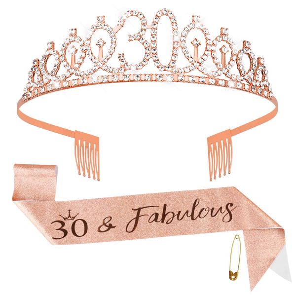 Fowecelt 30th Birthday Sash Tiara - Rose Gold Birthday Queen Tiara and Sash for Women, Rhinestone Crowns Kit for 30th Birthday Gifts, Crystal Tiara Satin Sash for 30th Birthday Party