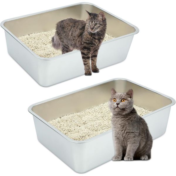 2 Packs Large Stainless Steel Cat Litter Box, Non Stick Metal Cat Litter Pan, Ru