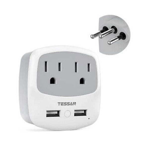 U.S. to Brazil Power Adapter Travel Plug 2 Outlets 2 USB Power Type N Converter