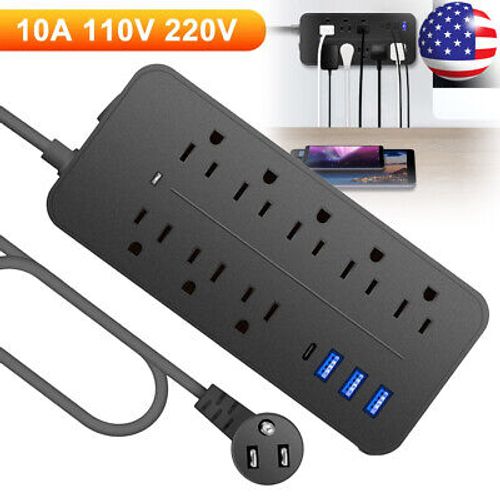 US Wall Mountable USB Surge Protector Power Strip 8 Outlet Plugs w/ 4 USB Ports