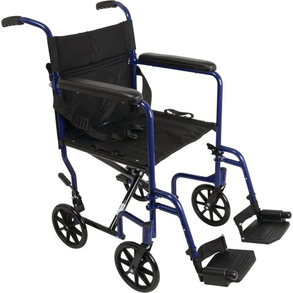 Compass Health ProBasics Aluminum Transport Wheelchair, 19-inch, Blue