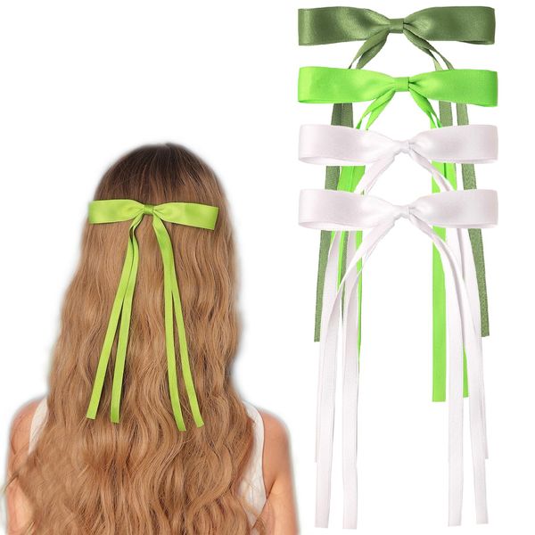 LFOUVRE Hair Bows for Women, Bow Hair Clips with Long Tail, Tassel Hair Bow Clips Ribbons for Hair, White Hair Ribbon Green Hair Bow, Hair Clips with Bow Hair Accessories for Girls