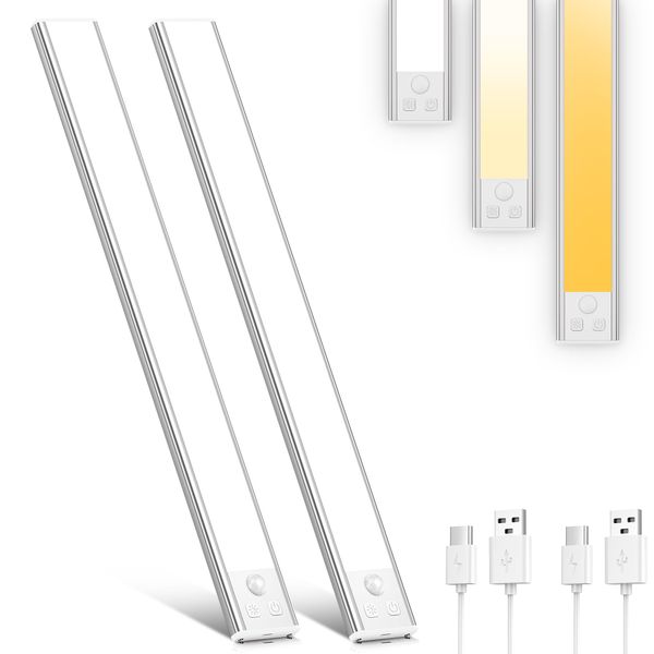 OUILA Led Schrankbeleuchtung mit Bewegungsmelder 41CM 3 Farben Dimmbar Unterbauleuchte Küche Led Leiste Batterie USB Wiederaufladbar Schranklicht für Küche, Badezimmer, Schlafzimmer 2 Stück