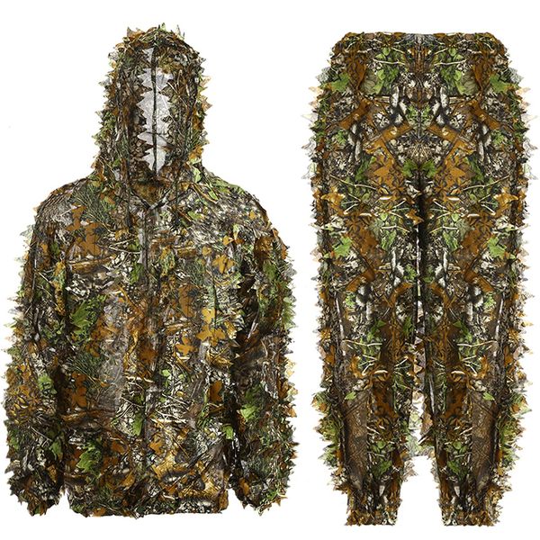 Amoper Ghillie Suit 3D Leafy Hunting Suits, Outdoor Hooded Camouflage Clothing for Man, Gilly Suit Camo Outfit with Jacket & Pants -Breathable (Height 4.8-5.9 ft)