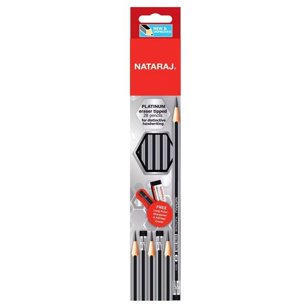 NATARAJ Pencils -  12 x Premium 2B Pencils With Rubber Tip + Sharpener Pack