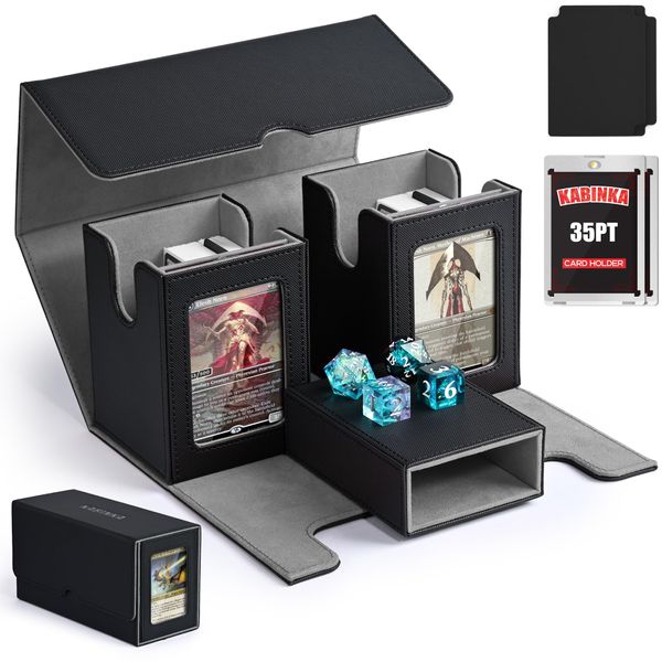 Kabinka MTG Deck Box with 2 Commander Display Windows,Removable Card Storage Box with Dice Tray Holds 420+ Unsleeved Cards,Magnetic Card Deck Box for TCG CCG EDH（Black）