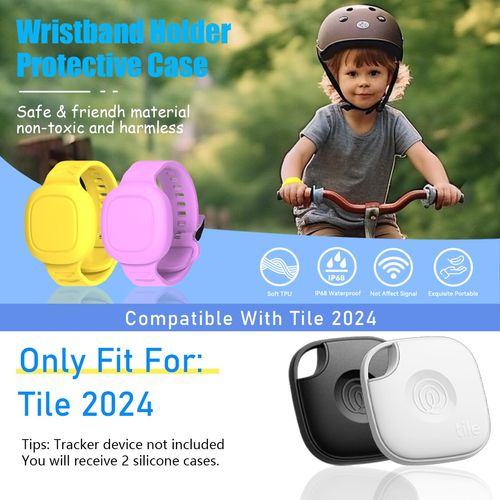[2 Pack] Silicone Bracelet for Tile Mate 2024, Waterproof Protective Hidden Holder for Tile Life360 Mate Tracker Silicone Tile Mate Accessories for Child/Teen/Elderly (Purple & Yellow)