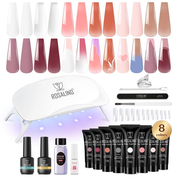 ROSALIND Poly Nail Gel Kit -8 Colors + White Brown Nail Art Accessories kit Clear Nude Poly Nails Gel Kit Starter Kit With Slip Solution Nude Pink Nail Extensions Gel Set with Mini UV Lamp