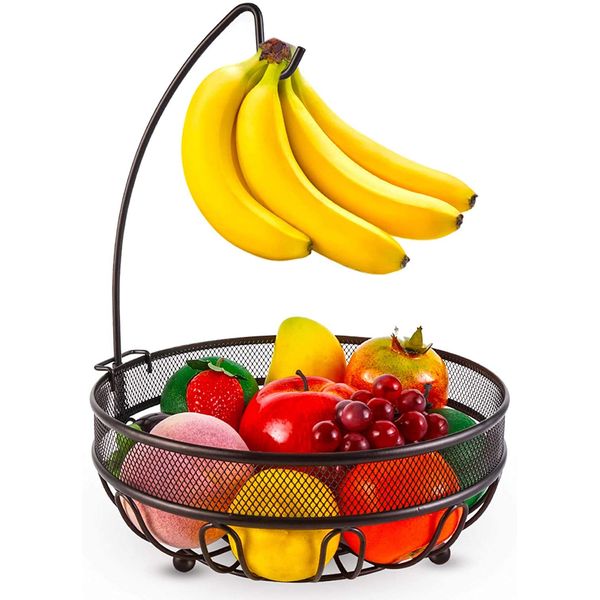 CLTYQ Fruit Basket Wired Fruit Bowl with Banana Hanger Hook, Vegetables Storage Rack Bread Snacks Stand