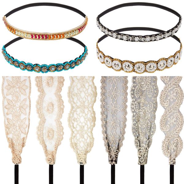 WILLBOND 10 Pieces Rhinestone Beaded Headbands Elastic Elegant Lace Handmade Headwraps Wide Hair Bands Vintage Crystal Jewelry Hairbands for Girls Women Hair Accessories