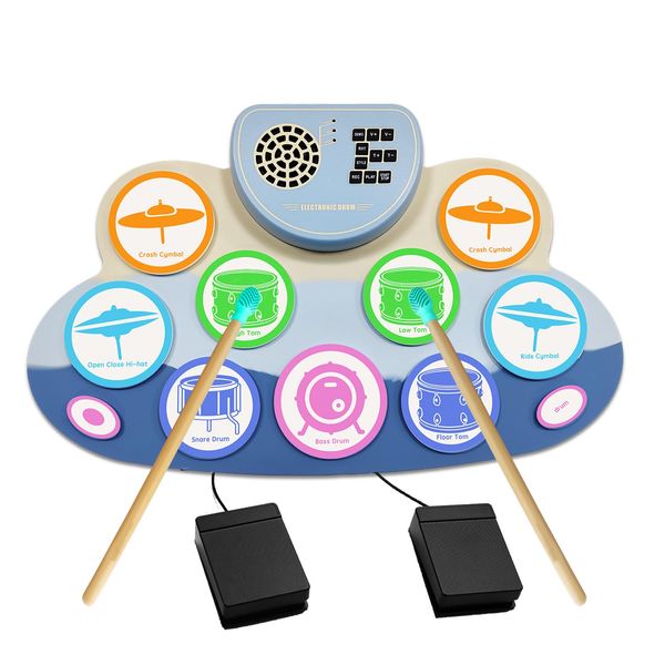 Electronic Drum Set, Roll Up Drum Practice Pad with Headphone Jack Built-in Speaker Digital Touch 7 Labeled Drum Pads 2 Foot Pedals Up to 10H Playing Time, for Kids (Colorful)