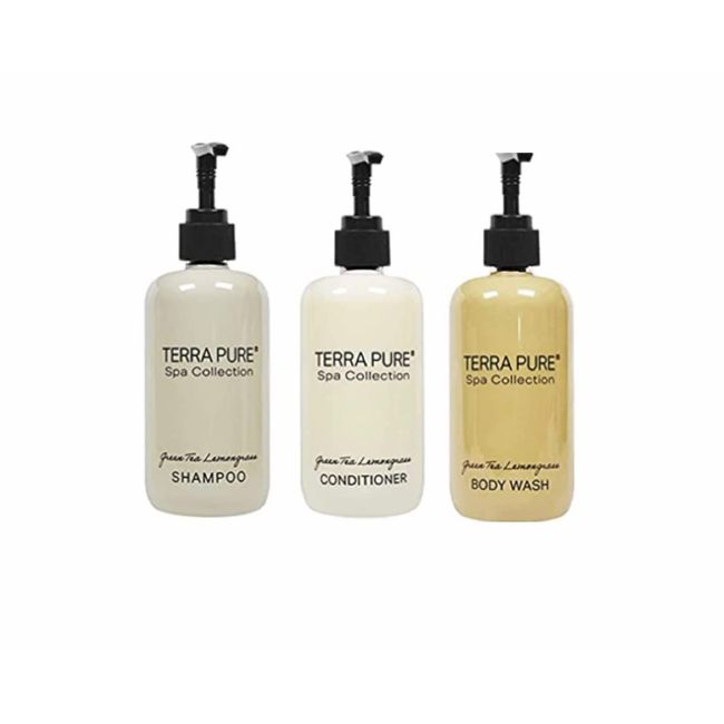 1-Shoppe Terra Pure Spa Collection 15 Piece Ecobox All-In-Kit | Green Tea Lemongrass Soap | 6 Shampoo, 3 Conditioner & 6 Body Wash | 10.14oz Hotel Soaps and Toiletries Bulk | Personal Care Products