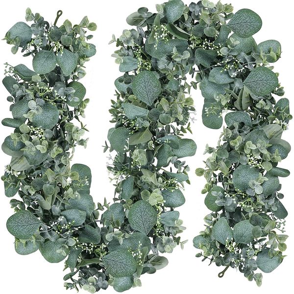 LOMOHOO 2Pcs Greenery Garland Artificial Eucalyptus Leaves Garland 5.7Ft Faux Silver Dollar Eucalyptus Vines with White Seeds,Greenery Vines for Wedding Arch Backdrop Home Table Indoor Outdoor Decor