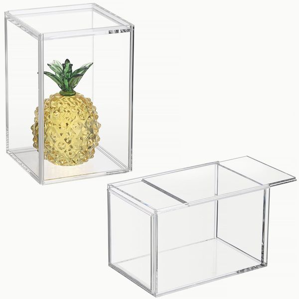 JUXYES Pack of 2 Clear Display Case for Mini Action Figures, Acrylic Display Case Box with Sliding Door, Stackable Display Case Cube Small Showcase Free Standing Dustproof Collectibles Protection Box