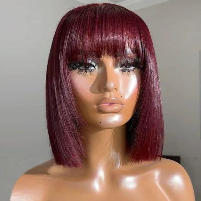 OMOGE HAIR LTD 99J Burgundy 8 Inch Bob Wig With Bangs 150% Density Straight Remy Virgin Human Hair Bob Wig With Fringe