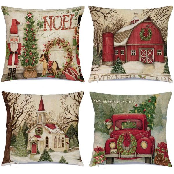 Hlonon Christmas Decorations Christmas Pillow Covers 18 x 18 Inches Set of 4 - Xmas Series Cushion Pillow Cover Custom Zippered Square Pillowcase