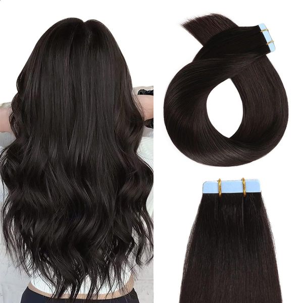 YILITE Tape in Extensions Human Hair Off Black Silky Straight Seamless Skin Weft Tape Hair Extensions Real Human Hair 18 inch 50 Gram 20Pcs/Pack Tape in Remy Hair Extensions(18 inch #1b Off Black)