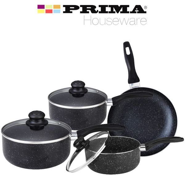 7X Pcs Prima Aluminium Black Marble Coated Cookware Set Non-Stick Saucepan Lid Pot Frypan Stockpots Home Kitchen Chef Cooker 16|18|20|24cm Housewarming Gifts Cooking Pan Dining Bar UK Free P&P