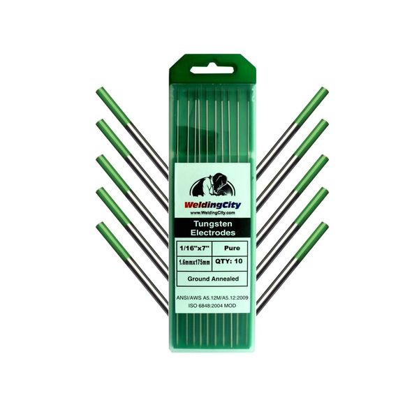 WeldingCity 10-pk Premium TIG Welding Tungsten Electrode Rod Pure (Green, EW-P) 1/16" x 7" | 10-pcs