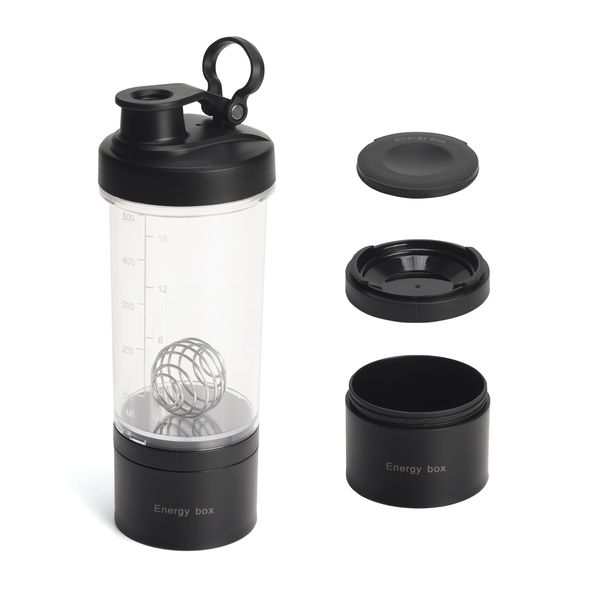 Yidata Shaker Bottle, 21 oz Portable Shaker Cup with Pill Organizer and Storage for Protein Powder Sports Water Bottle for Travel Workout Gym (Black)