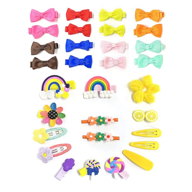 Set mit 30 Baby-Haarspangen, 16 kleine Schleifen / 14 gelbe Regenbogen-Haarspangen, Mini-Haarspangen mit Pony, kleine Schleifenspangen für Babys, Kleinkinder