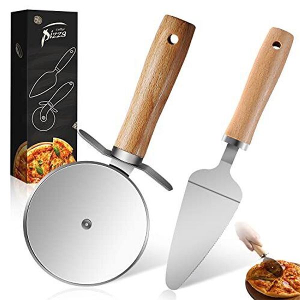 2 Pack Stainless Steel Pizza Cutter Wheel and Pizza Server Spatula Set