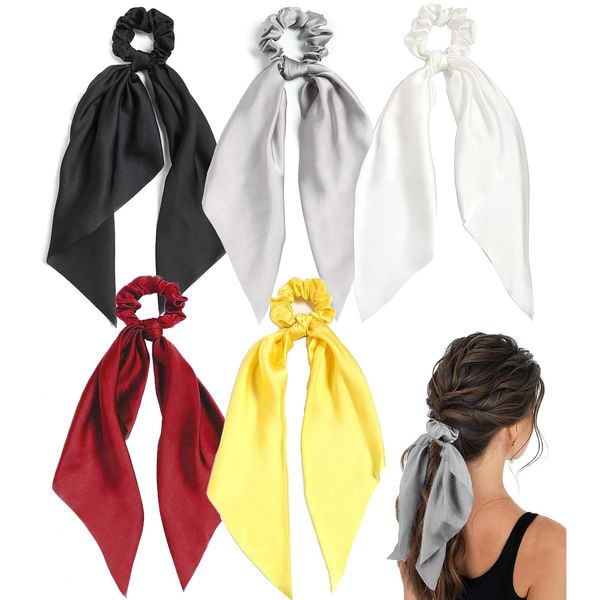 REDANHA 5PCS Hair Scarf for Women Knotted Bow Hair Ties Elastic Bands Satin Hair Ribbon Scrunchy Red Ponytail Holder for Women and Girls (Black White Grey Yellow Red)