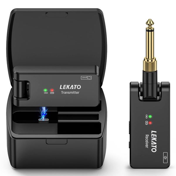 LEKATO Guitar Wireless Guitar Wireless System Electric Guitar Transmitter Receiver with 3.5mm and 6.35mm Stereo and Mono Plug 2.4GHz 4 Channels USB Charging Lightweight Compact Stereo Broadcast 190° Rotation Black