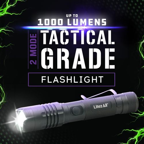 LitezAll Tactical Flashlight | Compact and Portable Night Light 1000 Lumens | Durable and Rubber Coated Power Bank Flash Light Gifts for Men, USB Charging Cable Included