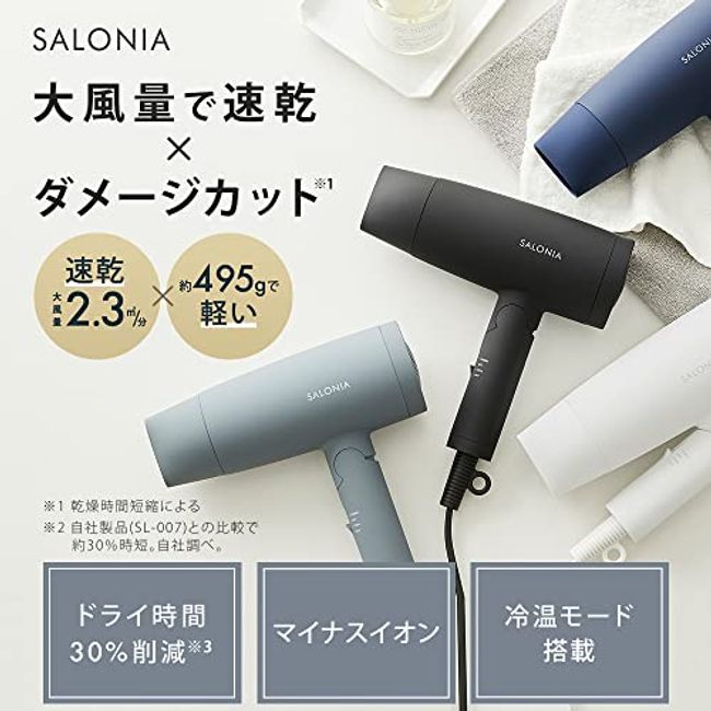 SALONIA Speedy Ion Hair Dryer, Black, Large Air Flow, Quick Drying,  Negative Ions, Lightweight, Foldable