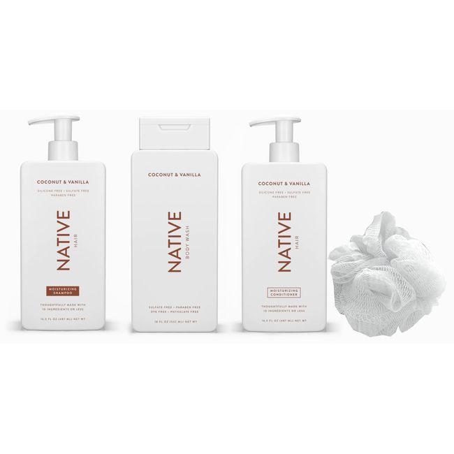 Native Shampoo, Conditioner & Body Wash with Loofah Set | For Women, Men with Naturally Derived Clean Ingredients (Coconut & Vanilla - White Loofah)