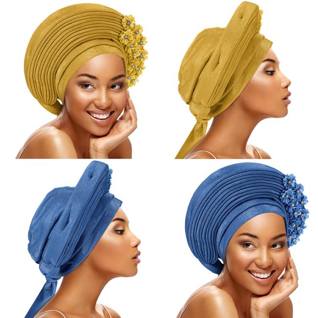 Cuffbow 2 Pcs Gele African Head Wraps Nigerian Auto Gele Headties with Stones African Turbans Hats for Black Women Beaded Lace African Headpiece Hair Wrap for Wedding Party, Blue and Gold