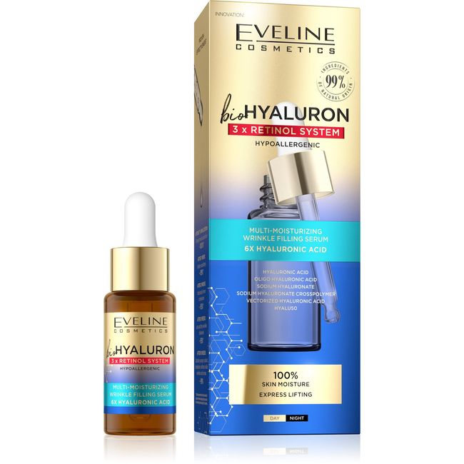 EVELINE COSMETICS Biohyaluron 3x Retinol System Multi Feuchtigkeitsspendendes Gesichtsserum Anti-Aging reduziert Falten Vegane Formel 99% natürliche Zusammensetzung für die Nacht 18 ml