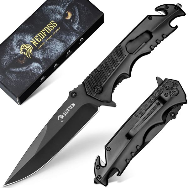 NedFoss FA48 Pocket Knife for Men, 5-in-1 Multitool Folding Knife with Bottle Opener, Glass Breaker, Seatbelt Cutter and Wrench, Survival Knife for Emergency Rescue Situations, Home Improvements