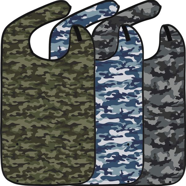 Adult Bibs for Eating: Reusable Bib with Crumb Catcher Pocket - For Men and Women (3 Pack Variety Camo)