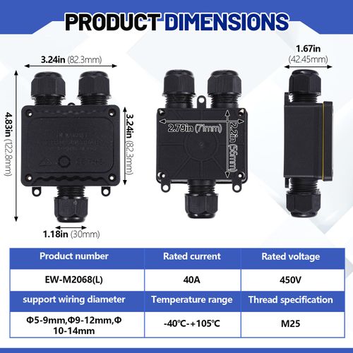 Kittmip 2 Pcs Waterproof Junction Box Ip68 Outdoor 3 Way Plug Line M25 Plastic Wire External Electrical Junction Box Outdoor Cable Connector for Diameter Cable ?5-9mm, ?9-12mm, ?10-14mm