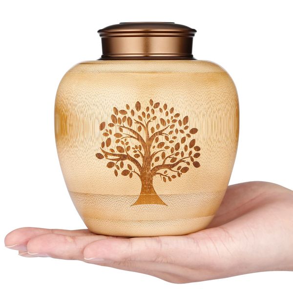 Small Urns for Human Ashes Adult Male Female,Small Keepsake Urns for Human Ashes Tree of Life Pattern Engraved,Memorial Cremation Urns for Human Ashes Adult Female Male Made of Bamboo