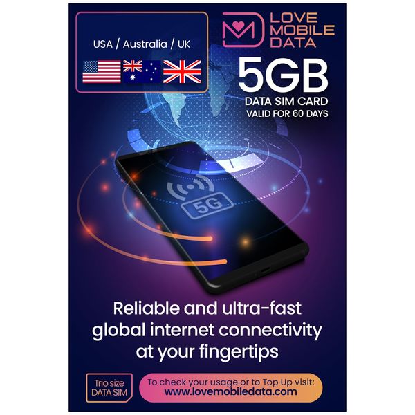 Love Mobile Data Only Sim Card - International Multi-Network 4G/5G Prepaid Pay As You Go Data Sim for Mobile Phones, WiFi Routers, & More, USA, Australia & UK Coverage, 5GB for 60 Days