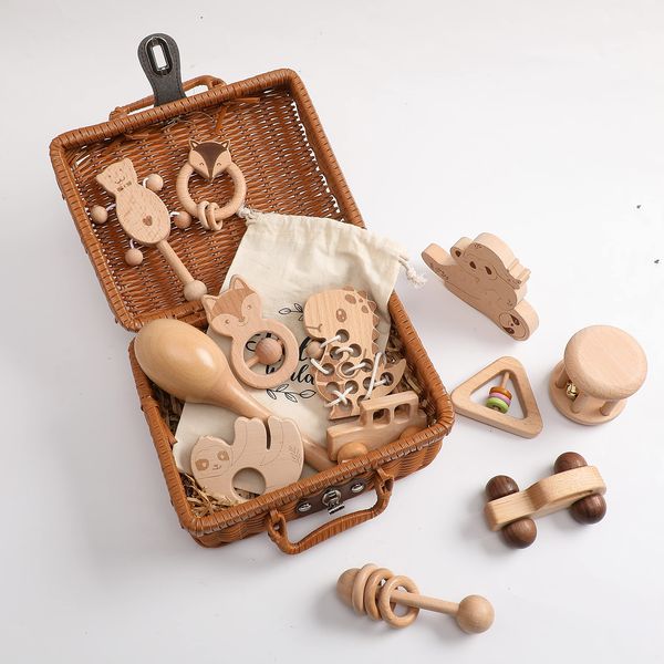 Promise Babe Toy Rattle Natural Wood Baby Shower Gift Luxury Set of 12 Rattles Baby Tree Wobble Kids Presents Newborn Gift Storage Box Included