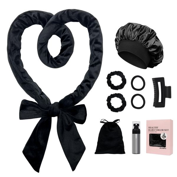 ZILAMPU Hair Curler No Heat Hair Curlers to Sleep In Overnight Curls Headband, 70" Soft No Heat Curling Headband Wrap for Women Long Wave Curl Hair Rollers, 9 PCS Hair Curling Rods Gifts Set -Black